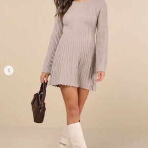 Lulu's Convincing Poise Beige Ribbed Long Sleeve Skater Mini Dress